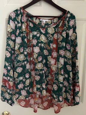 DR2 Green Orange BoHo Floral Peasant Blouse with Pink and Cream Blooms size L